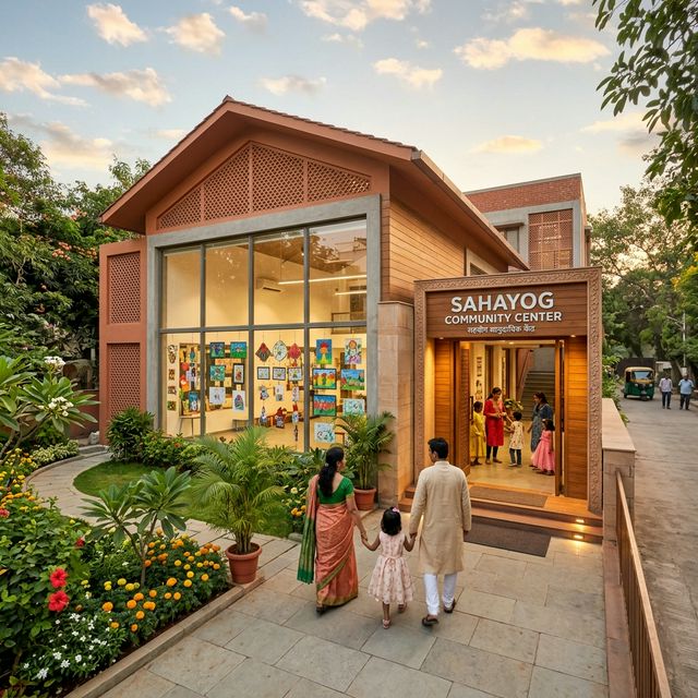 Modern community centre with families entering