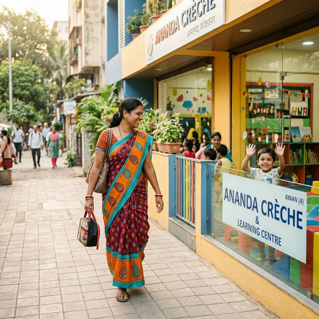 Indian mother confidently walking to work while her child plays happily at the crèche