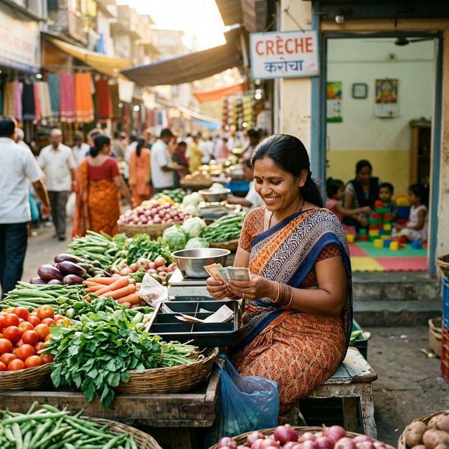 Vegetable vendor mother with crèche in background